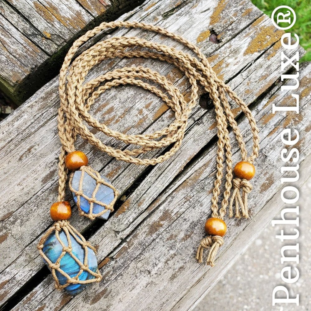 NEW!! Real Labradorite Wooden Beaded Rope Fishing Net Pendant Necklace - Picture 3 of 5